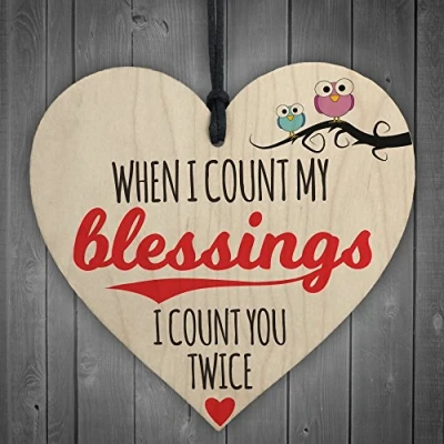 Image of RED OCEAN Blessings Count You Twice Wooden Hanging Heart Plaque Friendship Love Gift Sign