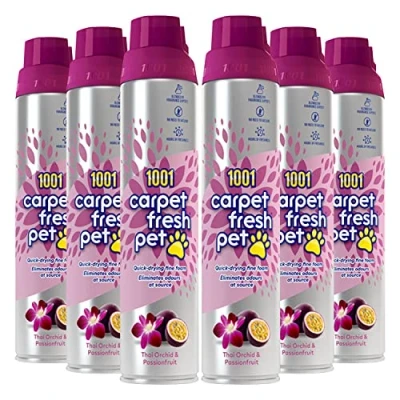 Image of 1001 Carpet Fresh Pet Thai Orchid &amp; Passionfruit Fragrance Quick drying, For use On Rug Upholstery Freshening Foam Odour Remover, Pack of 6 300ml Aerosol Spray Can