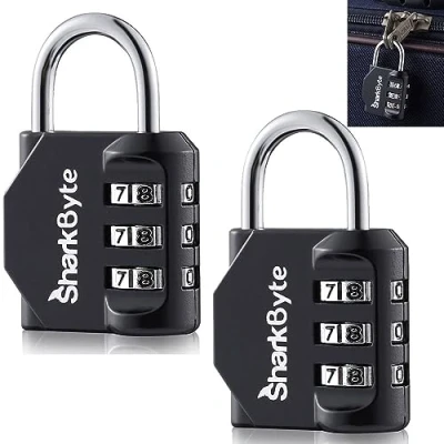 Image of SharkByte Luggage Locks 3 Dial Weatherproof Outdoor Security Combination Padlock, Small Travel Lock for Suitcases Case Bag Gym Lockers Code Padlock (Pack of 2)
