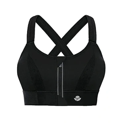 Image of YIANNA Women High Impact Sports Bra Plus Size Zip Front Fastening Bras Padded Adjustable Strap Wireless Running Yoga Top Black, 151 2XL