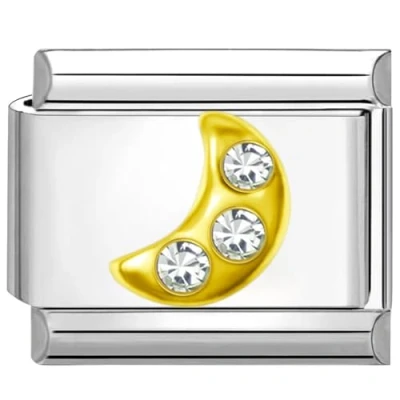 Image of Quiges 9mm Italian Style Charm Link Module Stainless Steel Gold Zirconia Moon for Bracelets