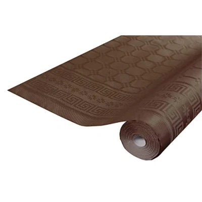 Image of Disposable Damask paper tablecloth in a roll 6 M long X 1.18 wide with chic and classic universal pattern Box of 12 rolls chocolate (vivid)