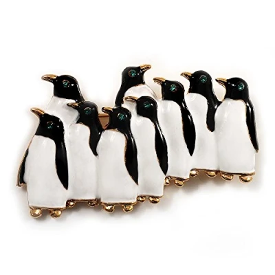 Image of Avalaya Black &amp; White Enamel &#039;Penguin Family&#039; Brooch (Gold Plated)