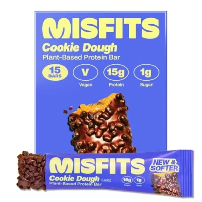 Image of Misfits Vegan Protein Bars, Cookie Dough Updated Recipe Low Sugar &amp; Carb, High Fibre Snacks Pack of 15