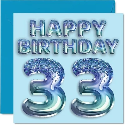 Image of 33rd Birthday Card for Men Blue Glitter Party Balloon Happy Cards 33 Year Old Man Brother Friend Uncle Dad, 145mm x Thirty Three Third Bday Greeting Gift