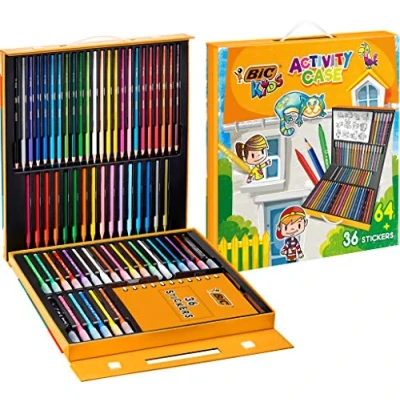 Image of BIC Kids Stationery Activity Set and Carry Case, 64 Colouring Items (Colouring Pencils, Felt Pens Crayons)