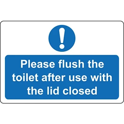 Image of Please flush the toilet after use with lid closed safety sign 1mm Plastic (150mm x 100mm)