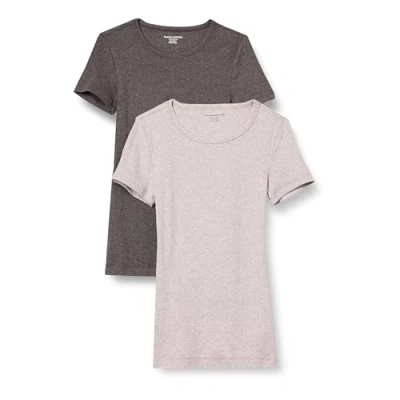 Image of Amazon Essentials Women&#039;s Slim Fit Short Sleeve Crewneck T Shirt, Pack of 2, Charcoal Heather/Light Grey Heather, S