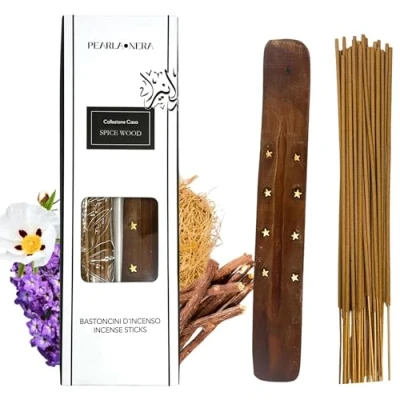 Image of Incense Sticks with Wooden Holder Pearla Nera Spice Wood 40 Multipack for Aromatherapy, Meditation, Healing, Spirituality, Relaxation
