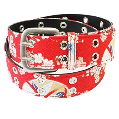 Image of Double Pin Buckle Japanese Chirimen Belt Unisex (Red Cherry)