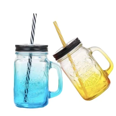 Image of CozyHomeWare 2 Pack 500ml Glass Mason Drinking Jars with Handles, Bottles Party Drink Glasses + Lids and Colored Straws, Mugs for Beverages, Cold Drinks, Summer Drinks Yellow Blue