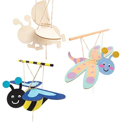 Image of Baker Ross AT608 Bug Wooden Flying Puppet Kits Pack of 3, Story Telling, Woodcraft Painting for Kids, Great Art Parties, Schools and Festive Crafting Activities