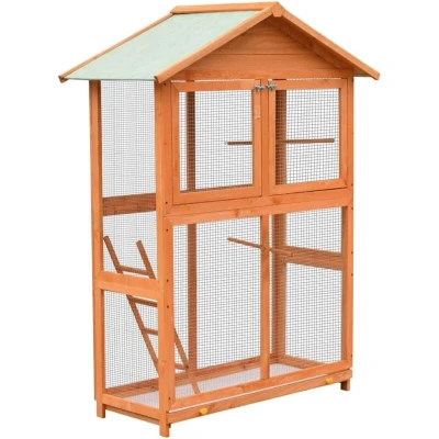 Image of vidaXL Bird Cage Solid Pine and Fir Wood Construction, Spacious Design for Birds to Fly Play, Iron Wire Grid Observation Fresh Air, Weather Resistant Roof, Easy Assemble