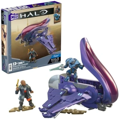 Image of MEGA Halo The Series Vehicle Building Toys Set, Renegade Banshee Aircraft with 205 Pieces, 2 Micro Action Figures, Purple, Kids and Fans, HNC56