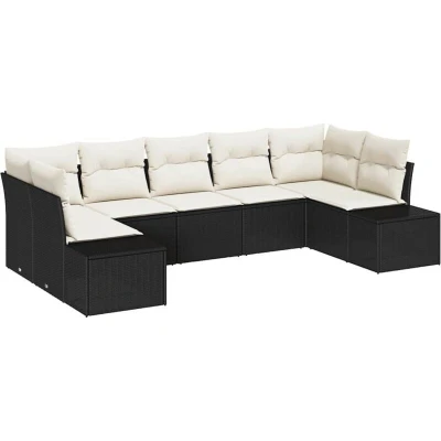 Image of vidaXL 7 Piece Garden Sofa Set with Cushions Black Poly Rattan