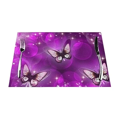 Image of Purple Butterfly Placemat, Crossweave Vinyl Woven Table Mats, Non Slip Insulation Washable Mats Set Placemat For Kitchen Dinner