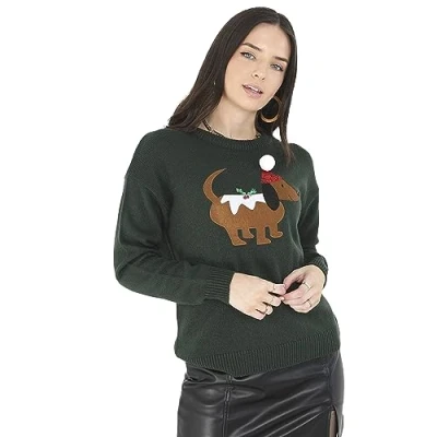 Image of BRAVE SOUL Womens Christmas Dog Jumper (XS) (Deep Green)