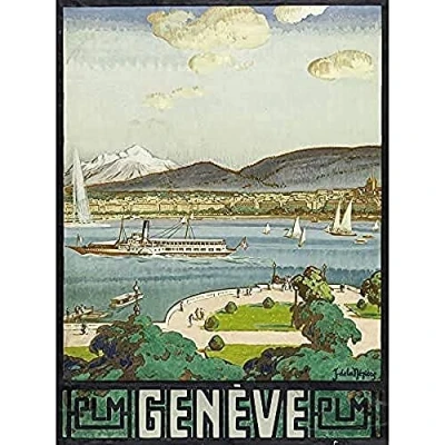 Image of Fine Art Prints La Neziere Lake Geneva Switzerland Travel Advert Print Canvas Premium Wall Decor Poster Mural, 16 x 12 inches,Gold