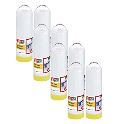 Image of tesa Easy Cover 4365 Precision Pack of 8 Painter&#039;s Film with Tape for Masking and Covering during Painting 2 in 1 Transparent Each 17 m x 2.6