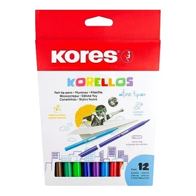 Image of Kores Korellos Felt Tip Pens 12 Coloured Washable, Fine Tip, Long Lasting School Supplies, Back to Colouring Set of in Assorted Colours