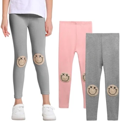 Image of SPFASZEIV Girls Leggings Toddler with Smile Face Pattern Kids Full Length Trousers 2 Pack 5 6 Years (Grey+Pink)