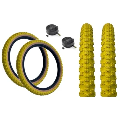 Image of PAIR Baldy&#039;s 16 x 1.75 YELLOW With TAN WALL Kids BMX/Mountain Bike Tyres And Schrader Tubes