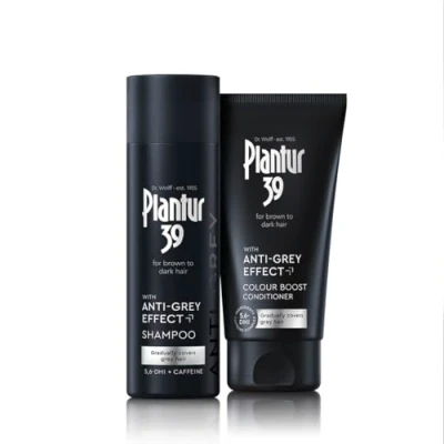 Image of Plantur 39 Anti grey effect 5.6 DHI &amp; Caffeine Set Shampoo and Conditioner 200ml + 150 ml Gradually Darker Stronger hair Controlled concealing of hairs Supports natural growth