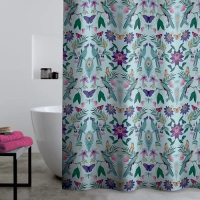 Image of Catherine Lansfield Mya Tropical Bird 180x180cm Shower Curtain Panel Duck egg Blue