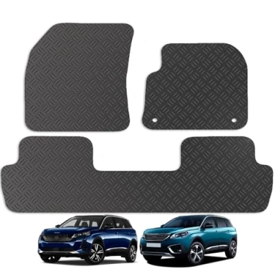 Image of Carsio Rubber Car Mats For Peugeot 5008 2017+ Onwards Tailored Fit Floor Mat Set Complete Accessory Black Custom Fitted All Weather &amp; Heavy Duty, Anti Slip Backing with Clips