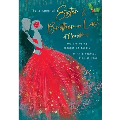 Image of Piccadilly Greetings Christmas Card To a Special Sister &amp; Brother In Law Red dress 9 x 6 inches
