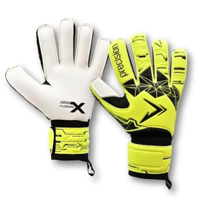 Image of Precision Training Fusion X Flat Cut Essential Football Junor Goalkeeper Gloves, Fluo Yellow, 7