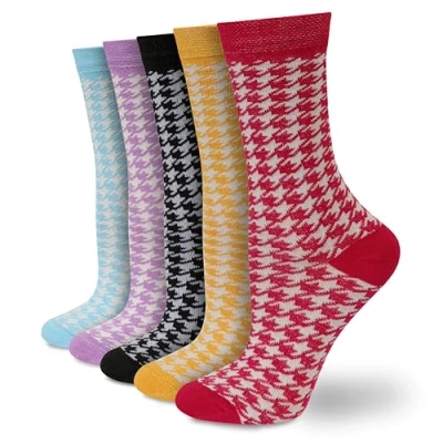 Image of Socksmad Ladies/Womens Multi 5 Pair Pack of Black Cotton Rich Cute Thin Dress Socks with Dogtooth Design