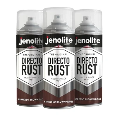 Image of JENOLITE Directorust Gloss Spray Paint ESPRESSO BROWN 3 x 400ml Direct To Rust For Metal Multi Surface Wood, Metal, Plastic, Ceramic RAL 8017