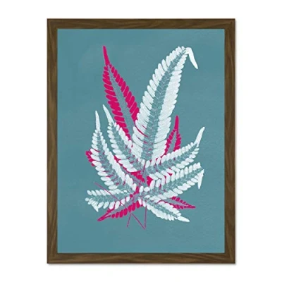 Image of Wee Blue Coo Bright Coloured Fern Teal Pink Large Brown Framed Art Print Wall Poster 18x24 inch