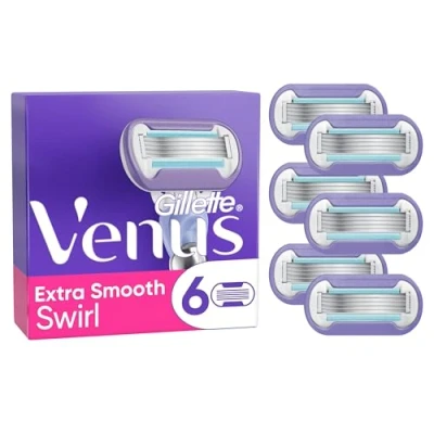 Image of Gillette Venus Deluxe Smooth Swirl Razor Blades Women, Pack of 6 Blade Refills, Lubrastrip with A Touch Vitamin E, SkinCushion Helps Protect From Shave Irritation