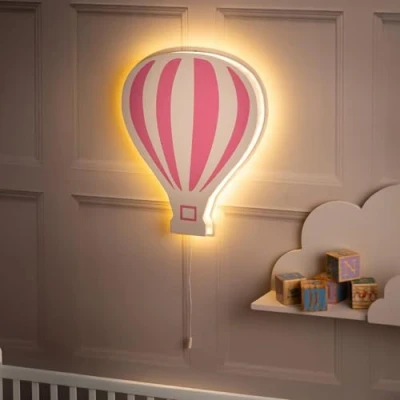 Image of Marco Paul Modern Wooden White LED Night Light ‎Battery Powered Kids Room Decor Wall Lights Mounted Nursery Bedside Lamp Baby Gifts Bedroom Lighting (Pink Hot Air Balloon)