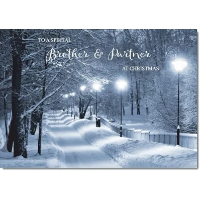 Image of doodlecards Brother and Partner Christmas Card Snowy Street Scene Medium Size for &amp; with Plain Envelope