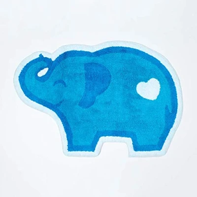 Image of HOMESCAPES 100% Cotton Washable Tufted Blue Elephant Rug 60 x 85 cm Bath Mat or Children&#039;s