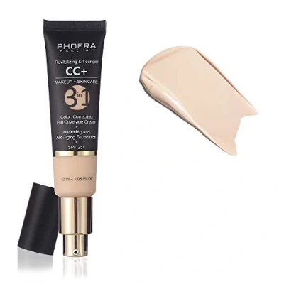 Image of PHOERA Anti Aging Color Correcting Full Coverage Cream Foundation SPF 25+ Revitalizing &amp; Younger infused Concealer with Vitamins For dark circles, acne scars, wrinkles redness. (100 Porcelain)