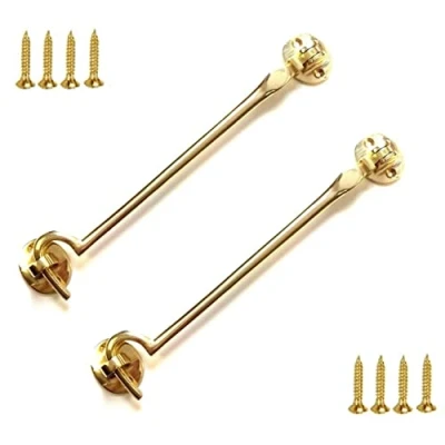 Image of TERF® 200mm Heavy Duty Polished Brass Cabin Door Hook and Eye Lock (8 inch) Cabinet Latch including Fixing Screw For Gate Window Closet Shed Pack of 2