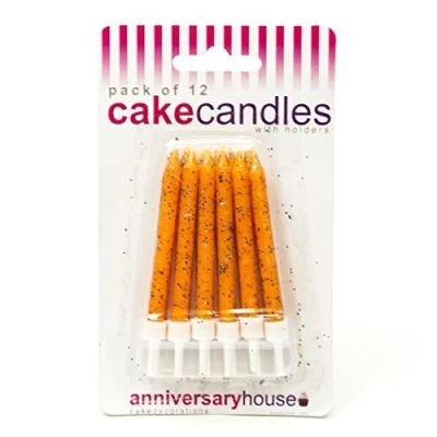 Image of Anniversary House Pack of 12 Orange Glitter Birthday Candles with Holders, 7.5cm, Celebration Cake Decoration, for Cakes, Cake, AHC158