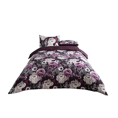 Image of Sleepdown Inky Floral Purple Easy Care Soft Cosy Reversible Duvet Cover Quilt Bedding Set 155cm x 220cm + 2 Pillowcases 80cm