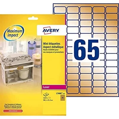 Image of Avery L7680 25 Printable, Customisable Gold Mini Labels, 65 Labels Per A4 Sheet