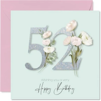 Image of 52nd Birthday Cards for Women Fancy Floral Flowers Happy Card 52 Year Old Woman Neighbour Wife Colleague Sister, 145mm Bday Greeting