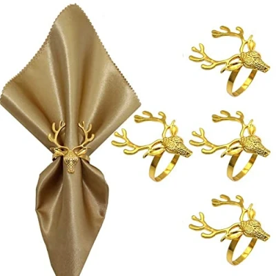 Image of Christmas Deer Napkin Rings 4 Pcs Reusable Gold Elk Head Ring Holder Buckle for Table Decor, Wedding, Christmas,Party Dinner, Thanksgiving (Gold Head)