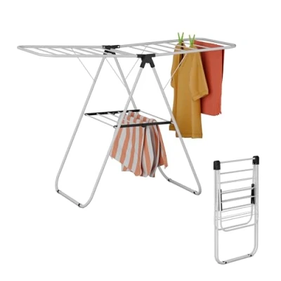 Image of Relaxdays Collapsible Clothes Dryer, 2 Wings, Levels, Laundry Drying Rack, HWD: 93 x 136 58 cm, Foldable, White, Iron