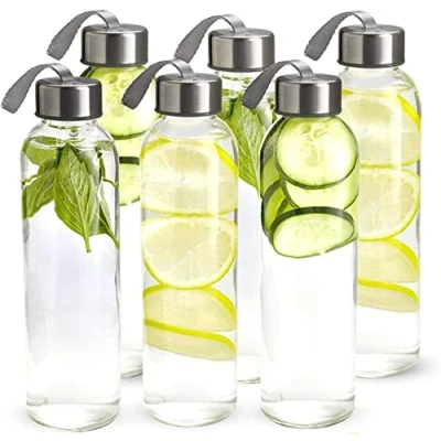 Image of Glass Water Bottles 500 ml Juice with Lids, Reusable Drinking Bottle, Beverage Container, High Borosilicate Silver Plastic Leak Proof Caps for Beverages,Milk,Juice, 6 Pack