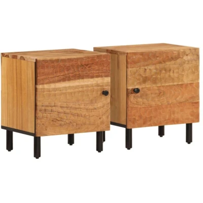 Image of vidaXL Solid Acacia Wood Bedside Cabinets 2 Piece Set, Brown Nightstand with Door, Iron Legs, Modern End Table for Bedroom Storage