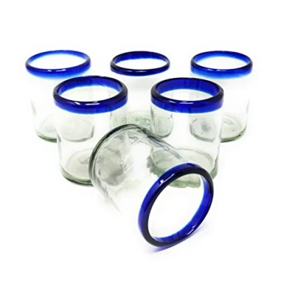 Image of Hand Blown Mexican Drinking Glasses Set of 6 Tumbler with Cobalt Blue Rims (10 oz each)