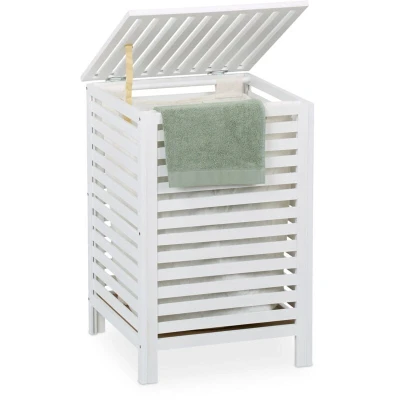 Image of Relaxdays Laundry Hamper, Removable Inner Bag, 63 L, 65.5 x 45 cm, Washing Bin with Lid, Basket, Walnut Wood, White, Fibreboard, Polyester